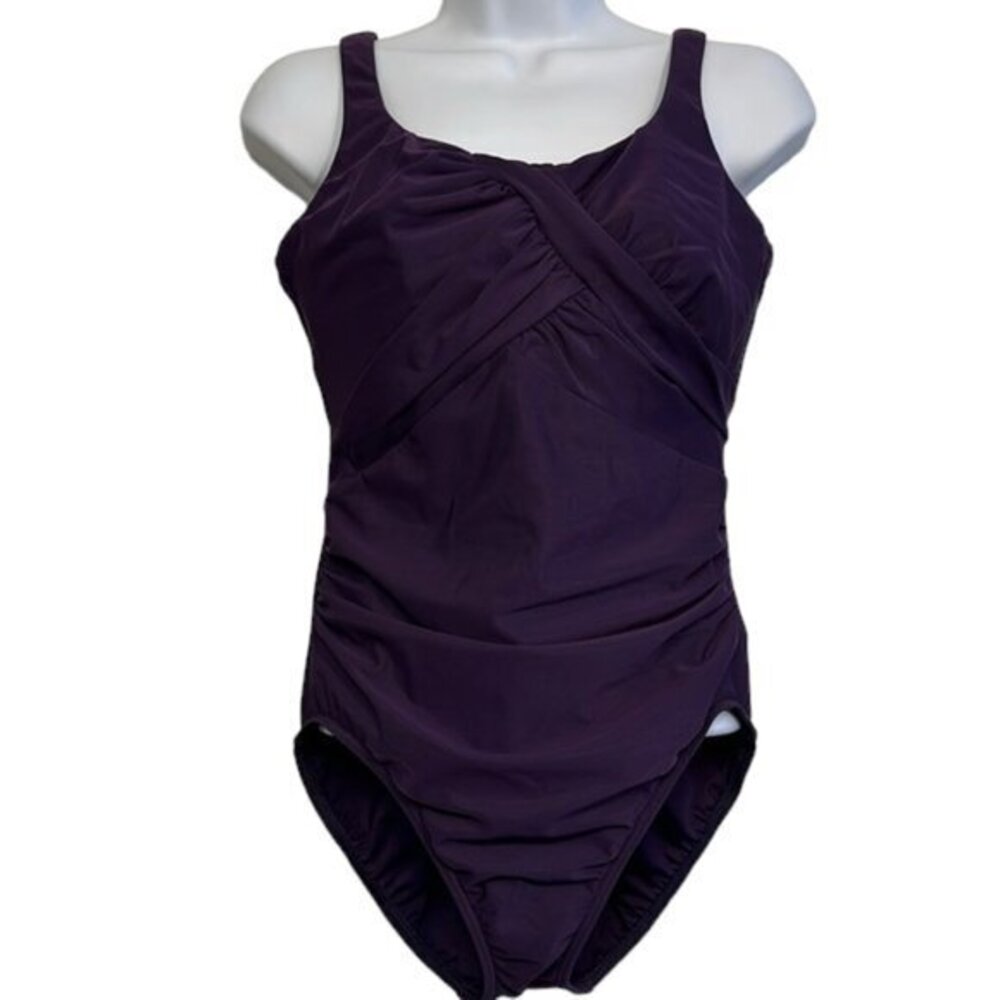 Land's End Purple Ruched Twisted Front Swimsuit Size 14P EUC #1233